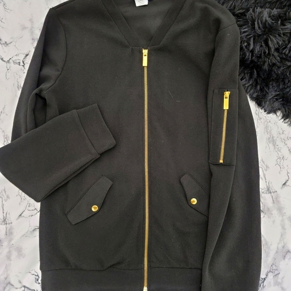Olivia Blu Black Bomber Jacket With Gold Zipper Detailing​ - Picture 1 of 12